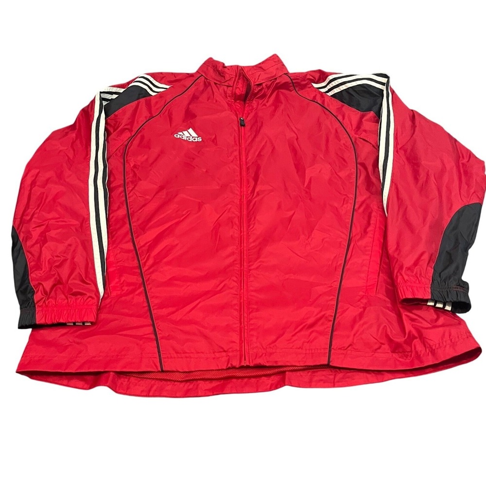 Adidas Windbreaker Jacket Mens Size L Red‎ Black White 3-Stripes Full Zip Mesh